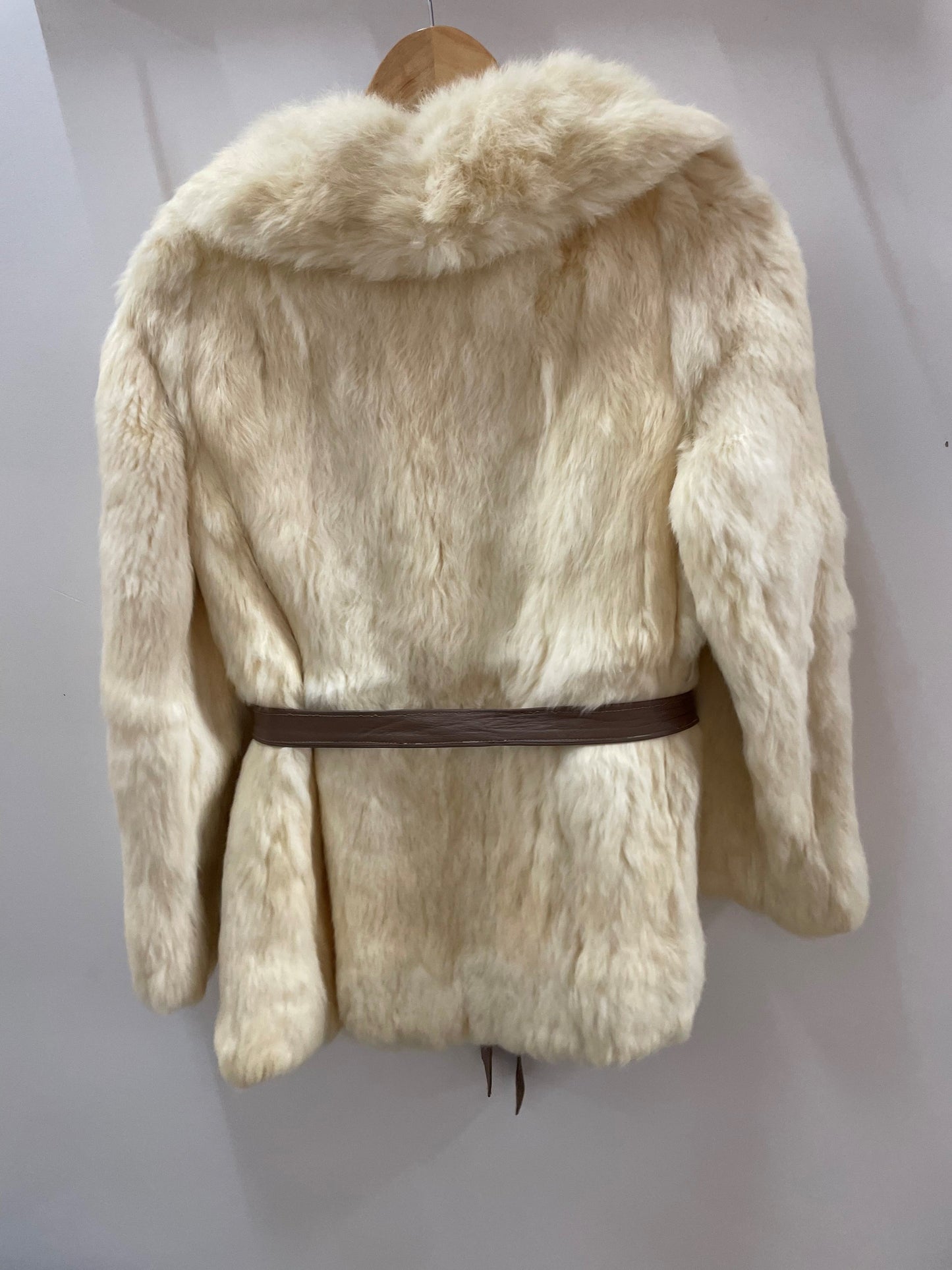 Luxury White Lapin Fur Coat with Leather Belt Vintage Vintage
