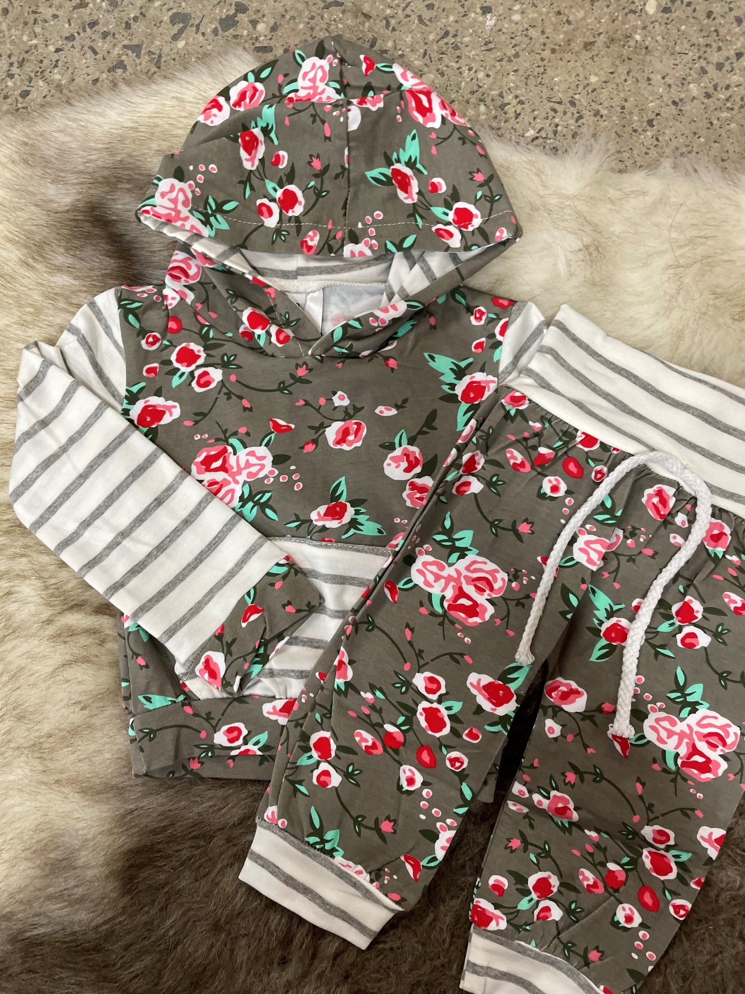 Grey Floral Stripe Tracksuit Kids Little Love Bug 